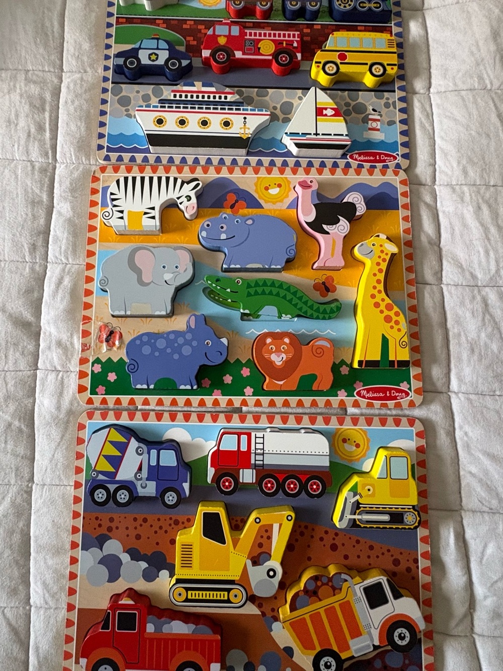 Melissa & Doug Wooden Chunky Puzzle Lot of 3 - Vehicles Animals Construction